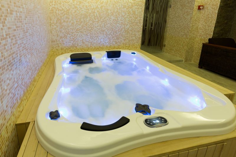 Spa-style bathtub with ambient lighting